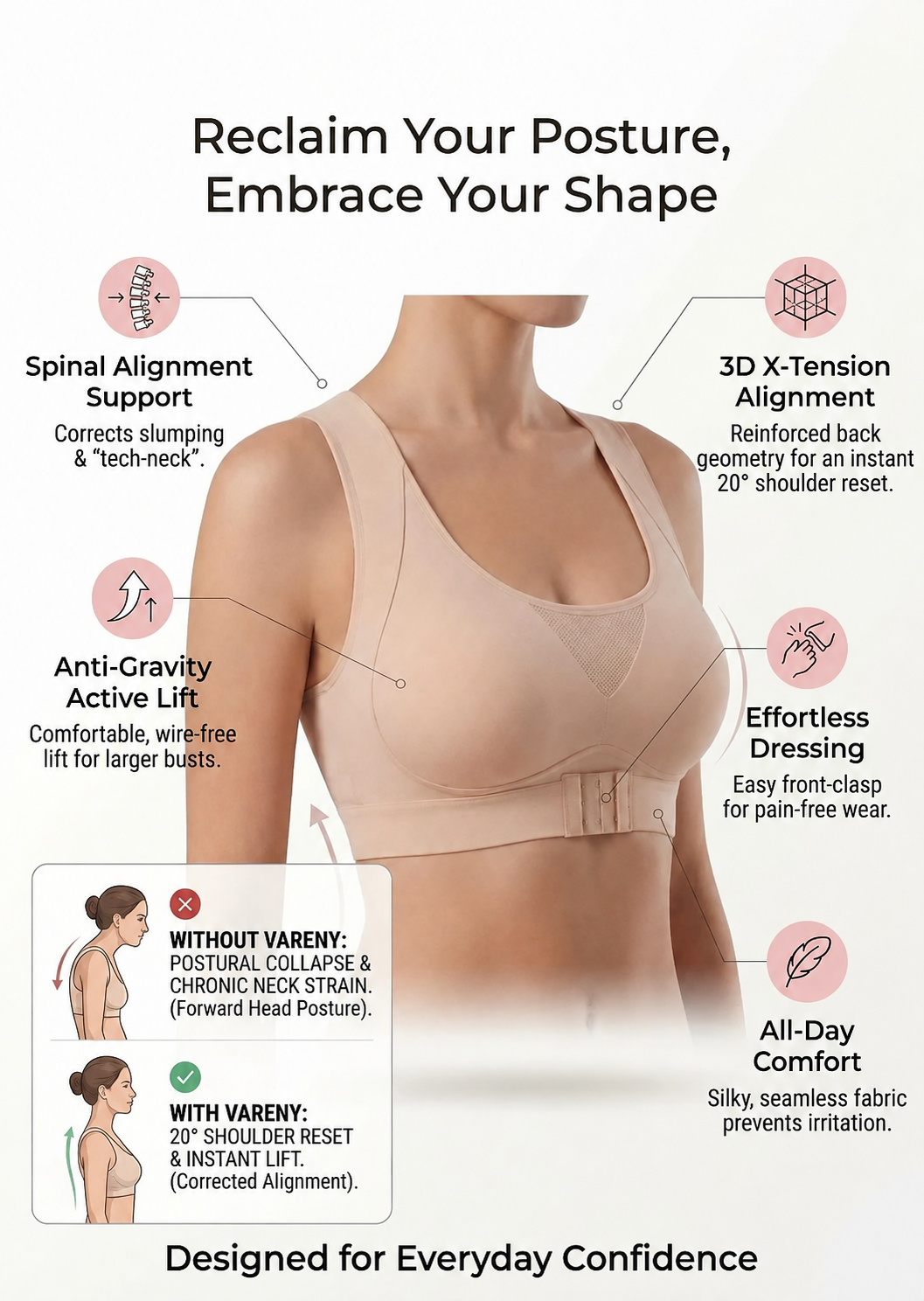Cross Back Front Closure Wireless Posture Support Bra