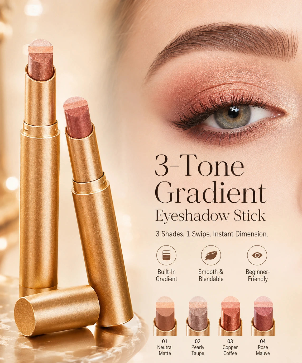 Antique warm-gold three-tone eyeshadow sticks beside a softly blended copper eye look and four shade options