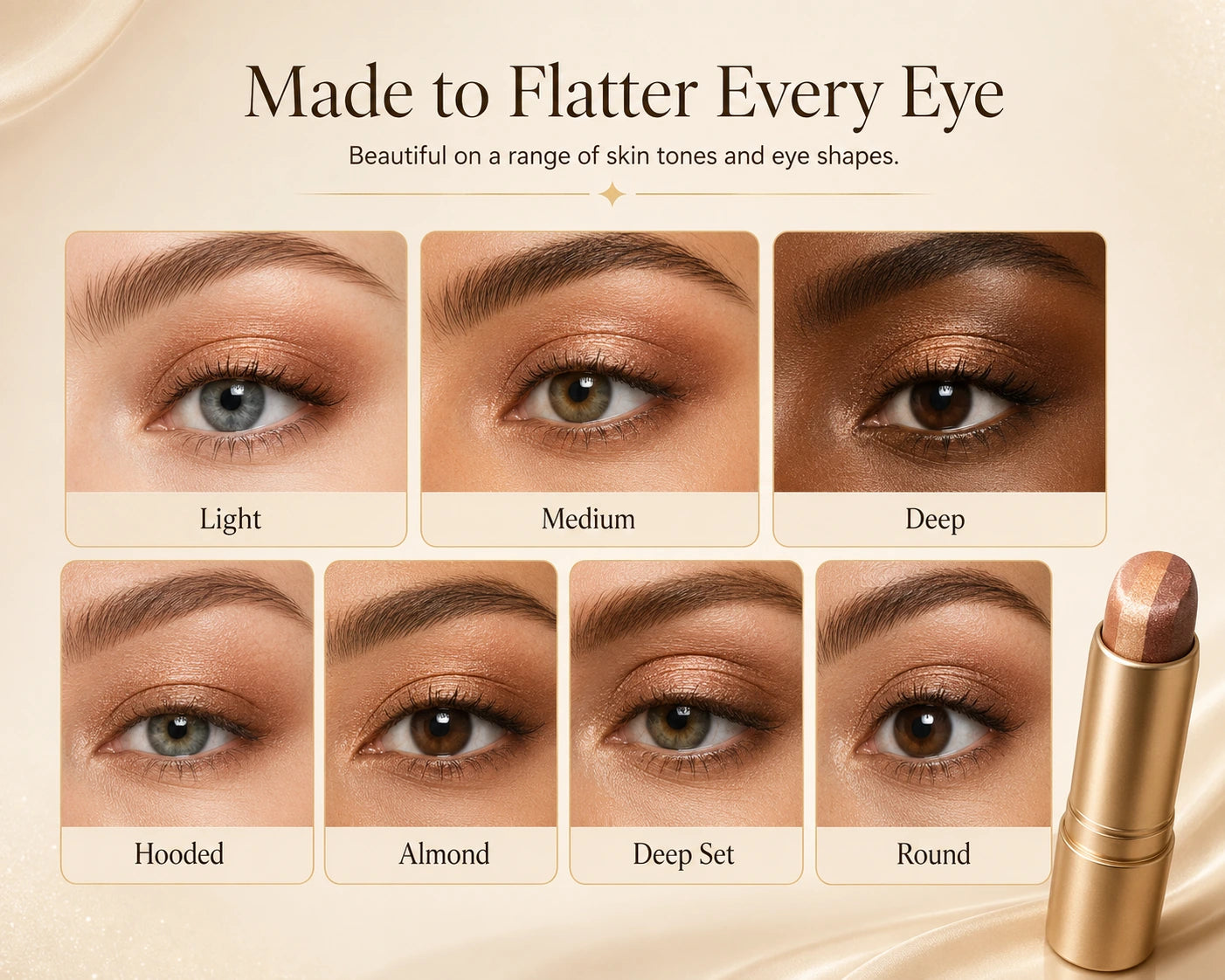 Copper gradient eyeshadow shown on light, medium, and deep skin tones and hooded, almond, deep-set, and round eyes